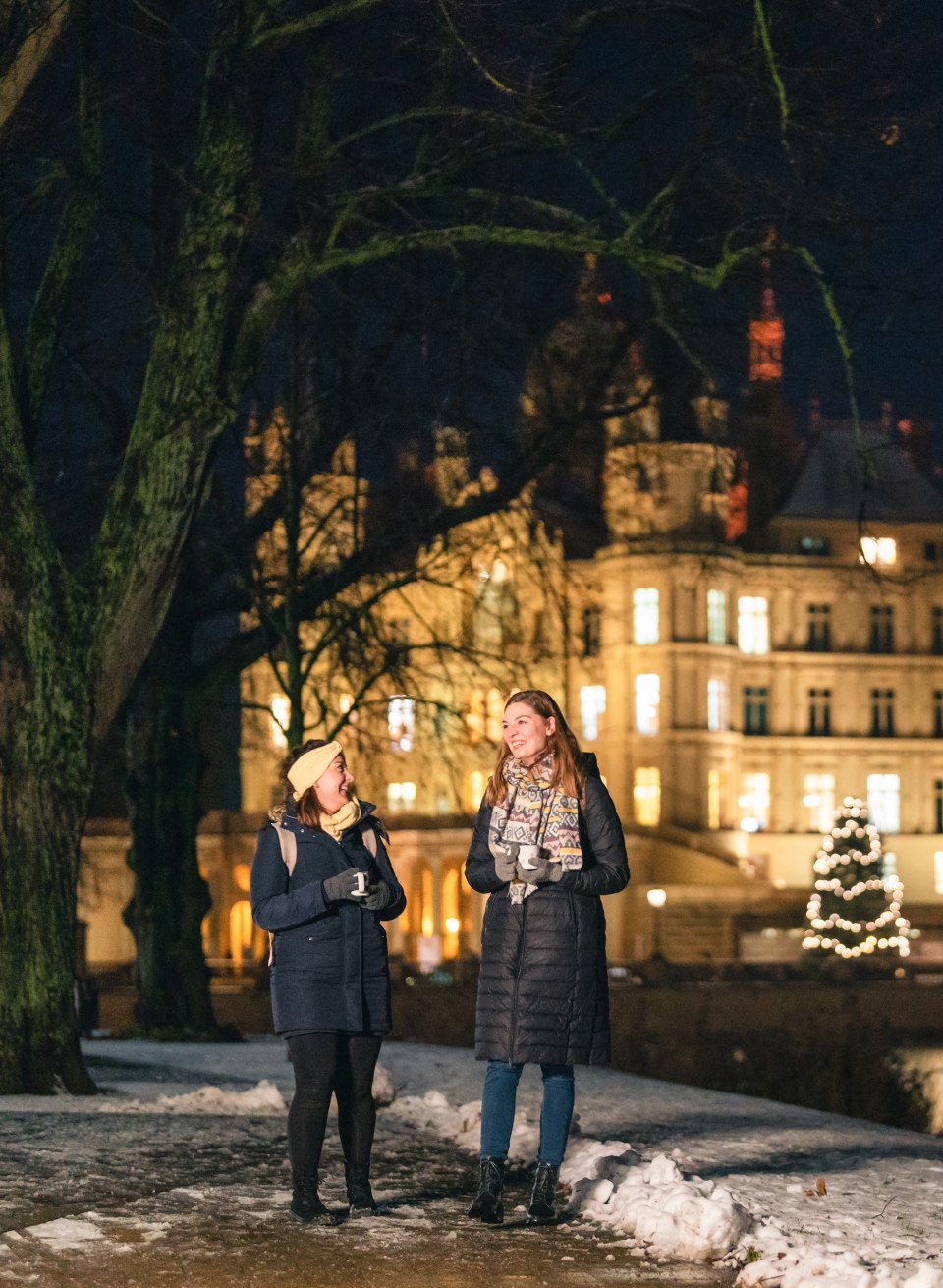 Festive atmosphere at the Christmas market in front of the majestic Schwerin Castle.