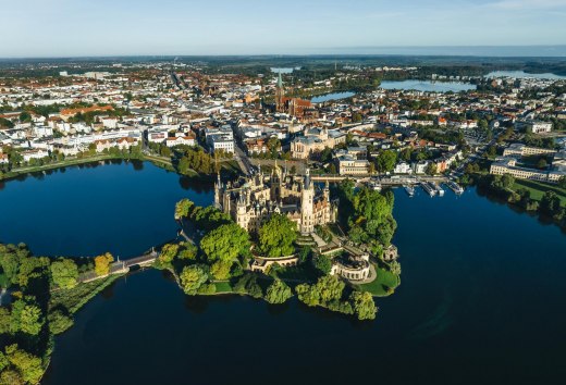 Schwerin Castle at sunrise from the air