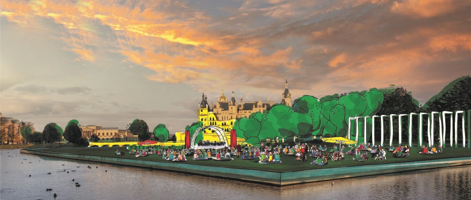 A visualization of the Castle Festival on the Floating Meadow in Schwerin within sight of Schwerin Castle., © Mecklenburgisches Staatstheater