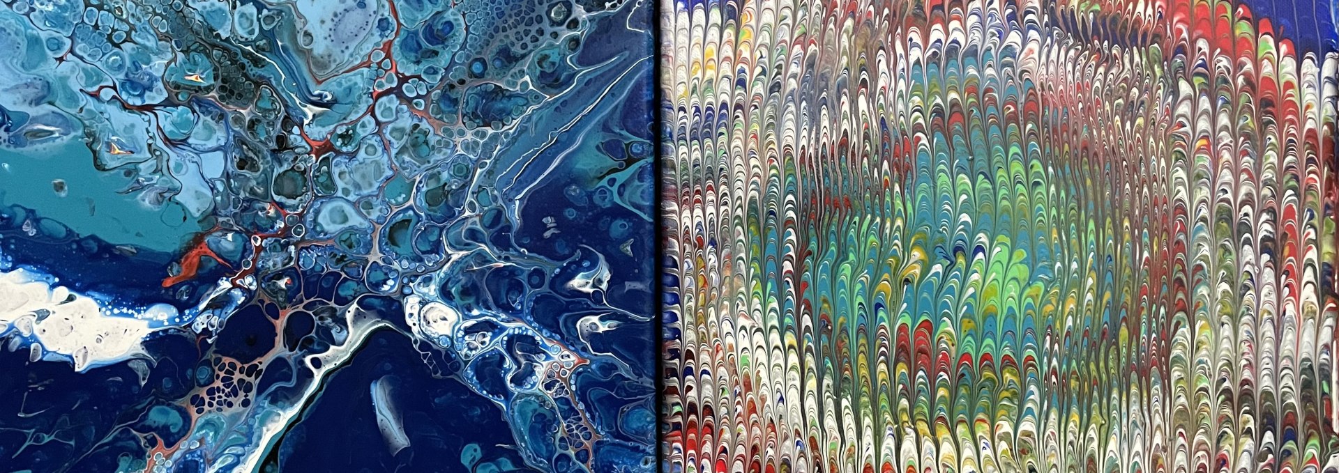 Image 1: Combination of dirty pour and swipe technique, image 2: Combination of swirl and stir stick technique, © Wolgang Hube