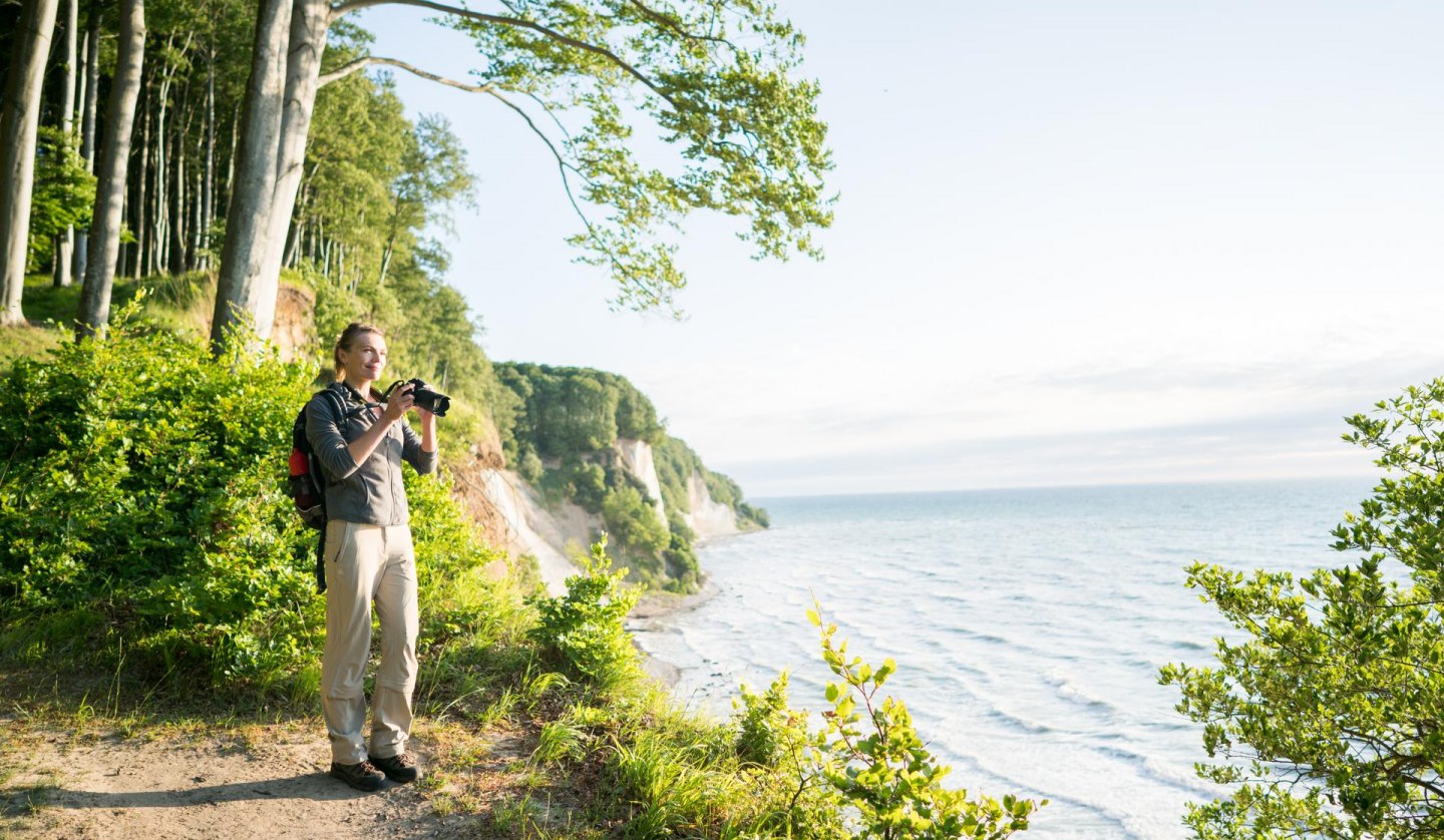 In harmony with nature: a journey of discovery along the high shore trail in the majestic Jasmund National Park, surrounded by the imposing chalk cliffs., © TMV/Roth