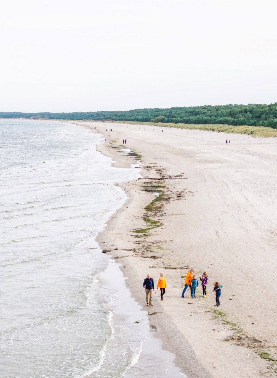 Aerial view of a long, sandy beach with a group of people walking along the shore, surrounded by the sea and green dunes.