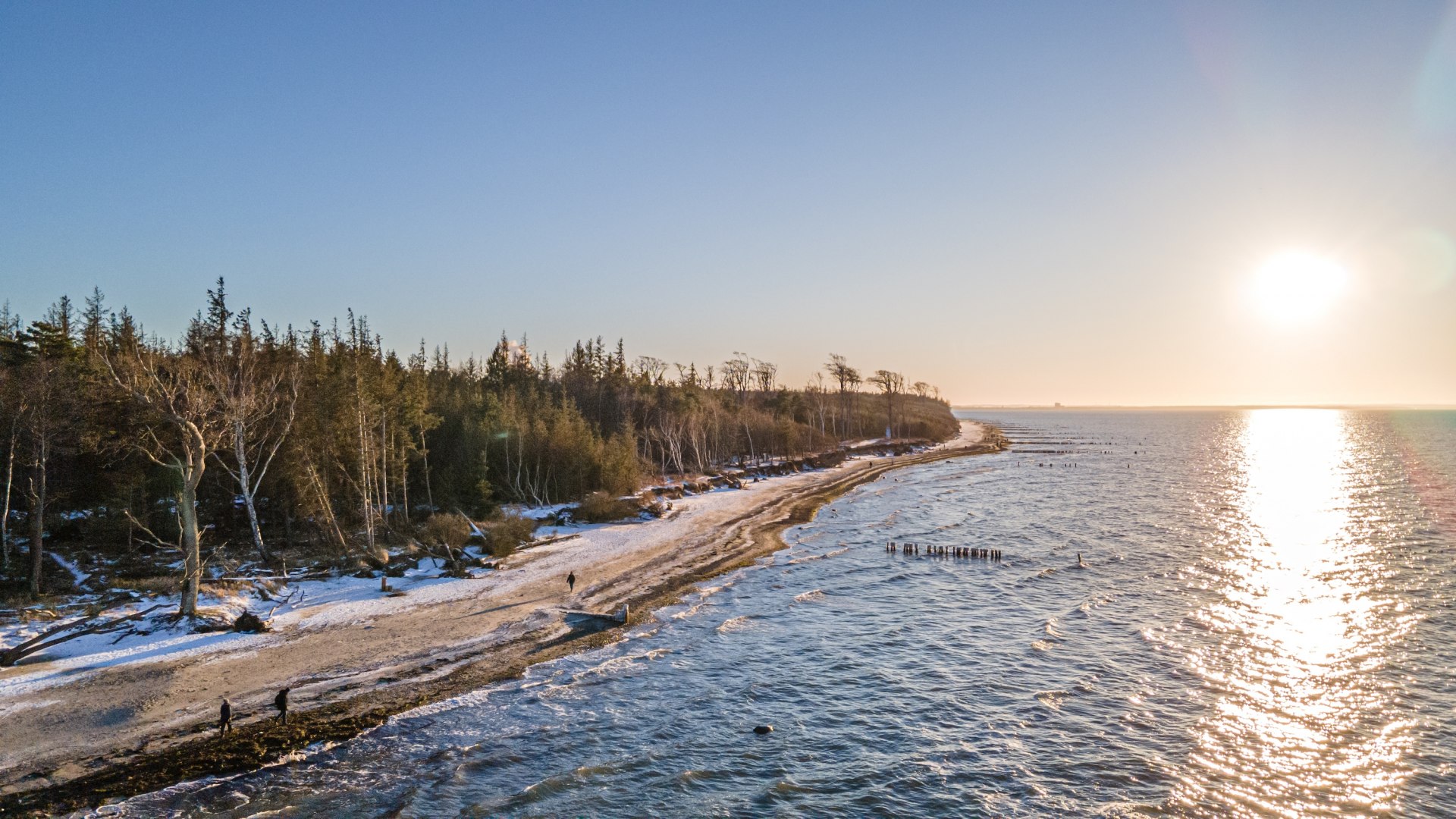 Winter beach at Torfbrücke with snow-covered trees, glistening Baltic Sea and a sunset on the horizon.