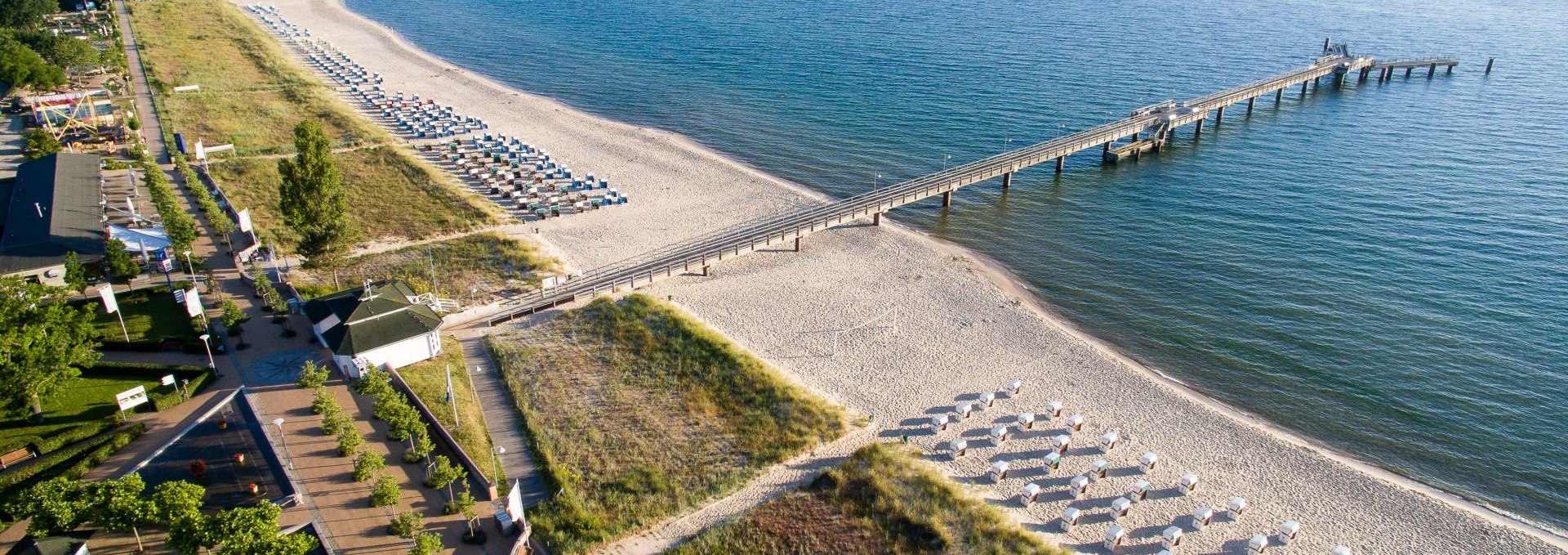 North beach Baltic resort Goehren with the pier from the aerial perspective. A new day is waiting with great experiences., © KV Göhren / Ferdinand Kokenge