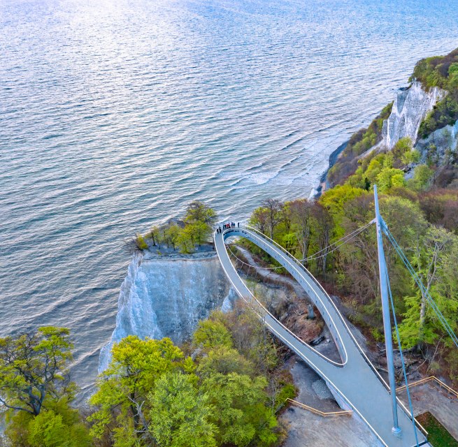 The Skywalk in the Königsstuhl National Park Centre with a view over the chalk cliffs and the Baltic Sea on the island of Rügen.