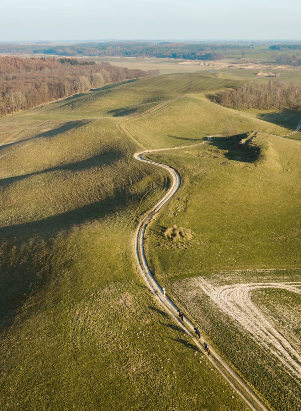 A group of riders enjoy a relaxed ride from the Ehmkendorf manor house through the wide, gently rolling Recknitz valley. The lush green hills and tranquil landscape provide the perfect backdrop for a peaceful nature experience in Mecklenburg-Vorpommern.