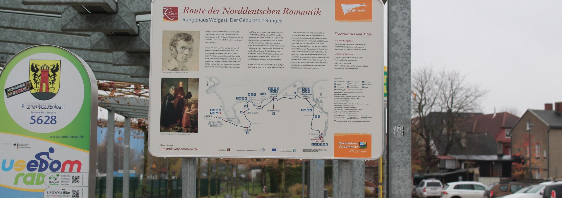 Information board about the Northern German romantic period route between the UBB stop and Runge House, © tvv-anne wiegert