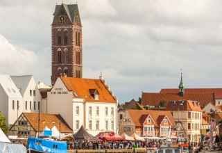 Only the 80 m high church tower has been preserved as a landmark and sea mark visible from afar, © TZ Wismar/Alexander Rudolph