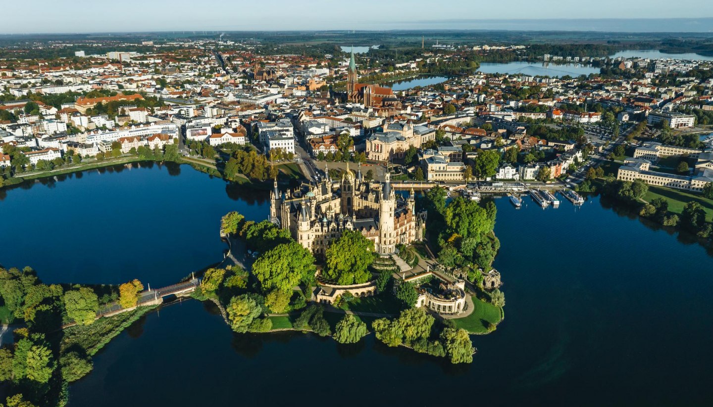 Schwerin Castle at sunrise from the air