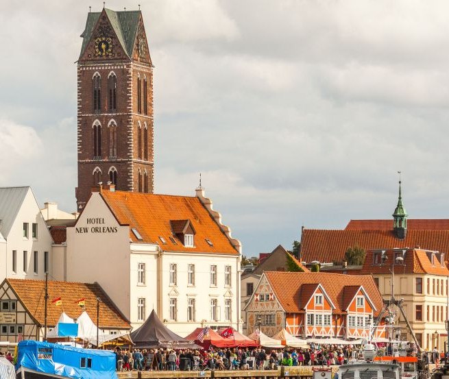 Only the 80 m high church tower has been preserved as a landmark and sea mark visible from afar, © TZ Wismar/Alexander Rudolph