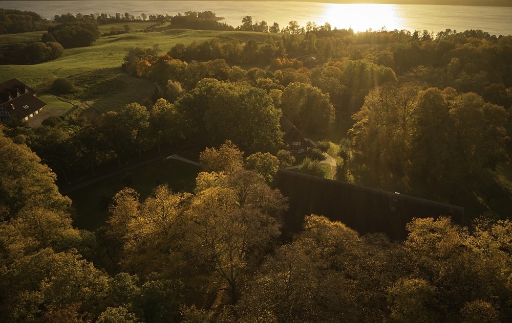 The park by the lake in an autumnal evening atmosphere - an idyllic retreat in the middle of nature, perfect for yoga and relaxation.