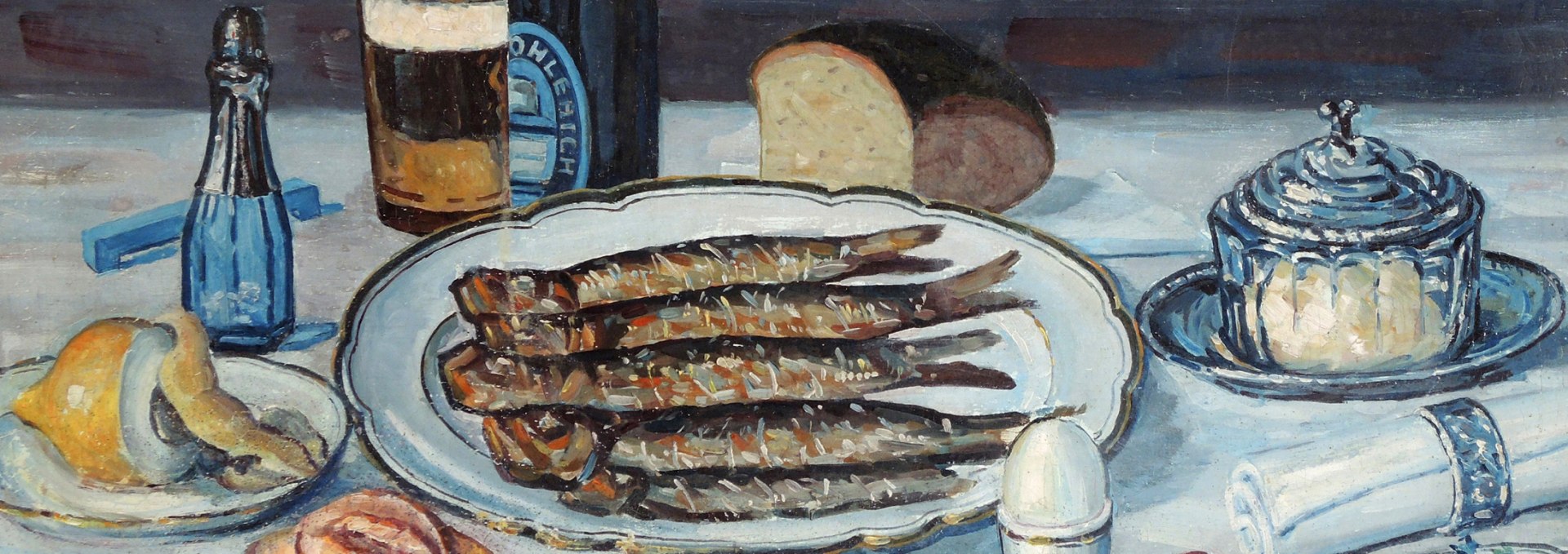 Title Amtsreport, Bartels Otto, Still life with fried herring and beer, © Kunstmsueum Schwaan