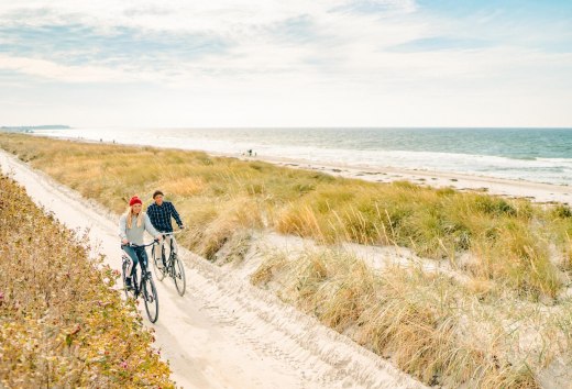 A leisurely cycle tour along the picturesque dunes on the island of Hiddensee, with a view of the Baltic Sea in the background.