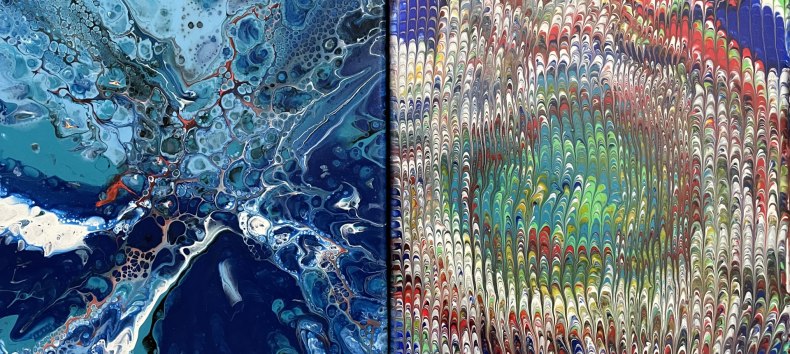 Image 1: Combination of dirty pour and swipe technique, image 2: Combination of swirl and stir stick technique, © Wolgang Hube