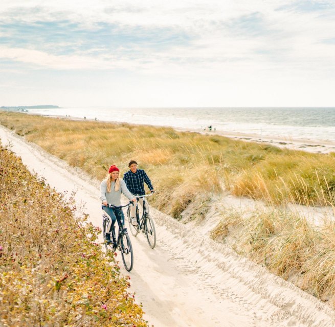 A leisurely cycle tour along the picturesque dunes on the island of Hiddensee, with a view of the Baltic Sea in the background.