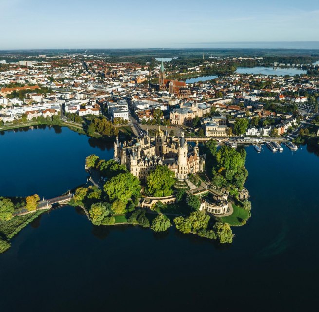 Schwerin Castle at sunrise from the air