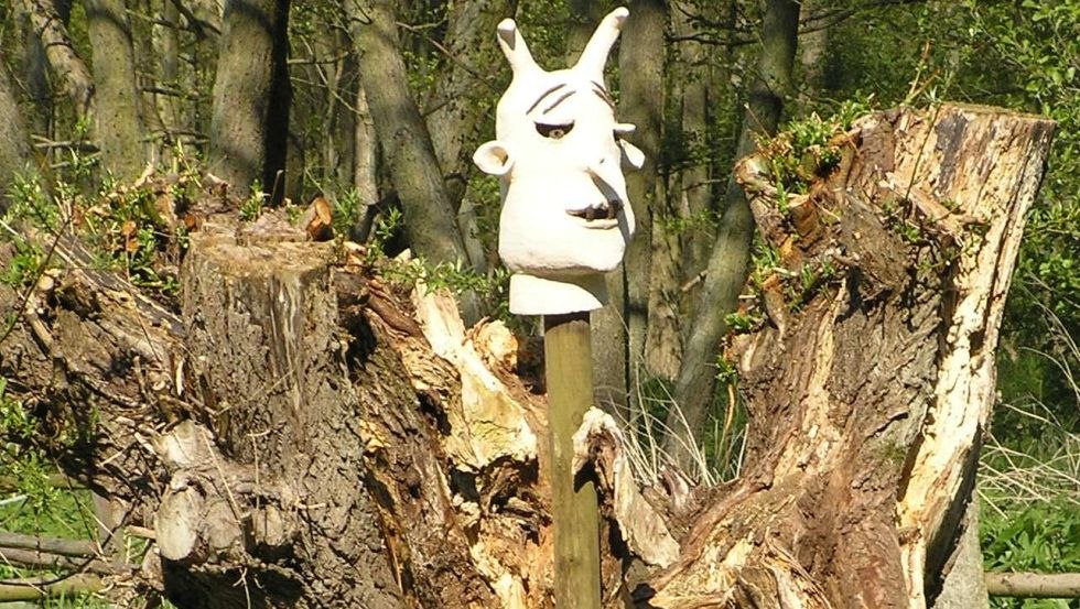 Devil's head made of coarse white clay on a willow stump, © Gerhard Güthoff