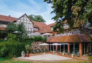 Exterior view of terrace and pool, © St. Oberholz / Nils Hasenau