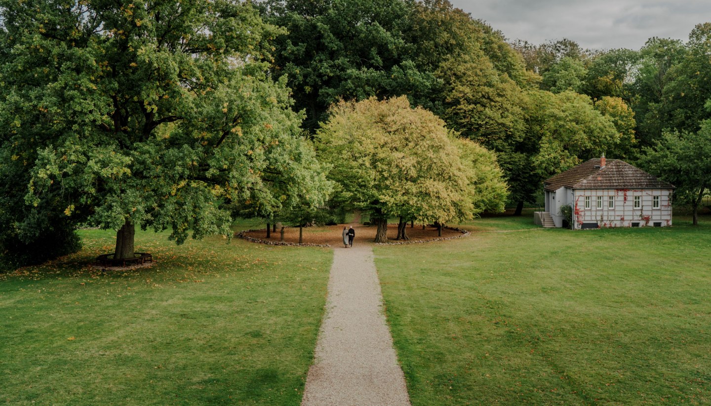 An idyllic walk through the park of the Romantik Hotel Gutshaus Ludorf: surrounded by old trees and green meadows, nature invites you to relax and unwind.