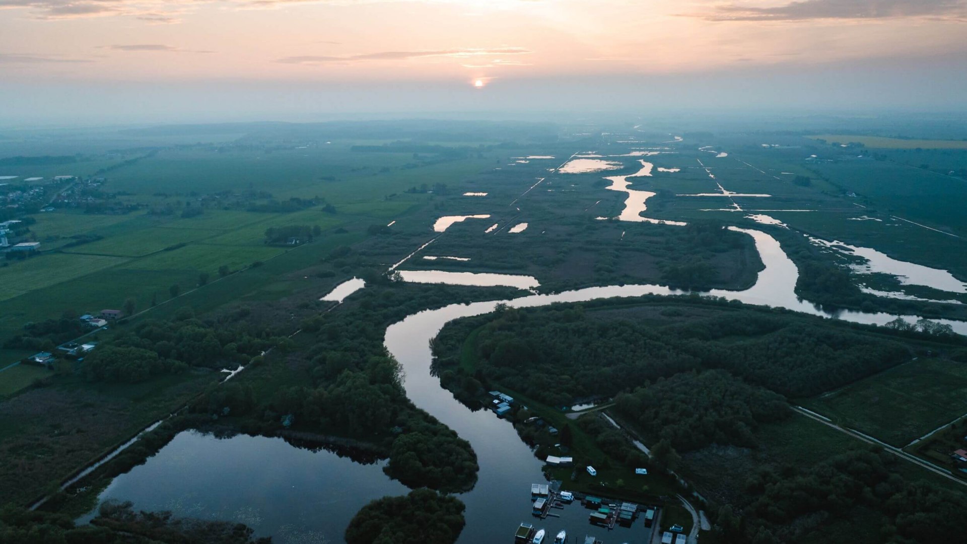 Aerial view of Demmin harbor and the Peene river