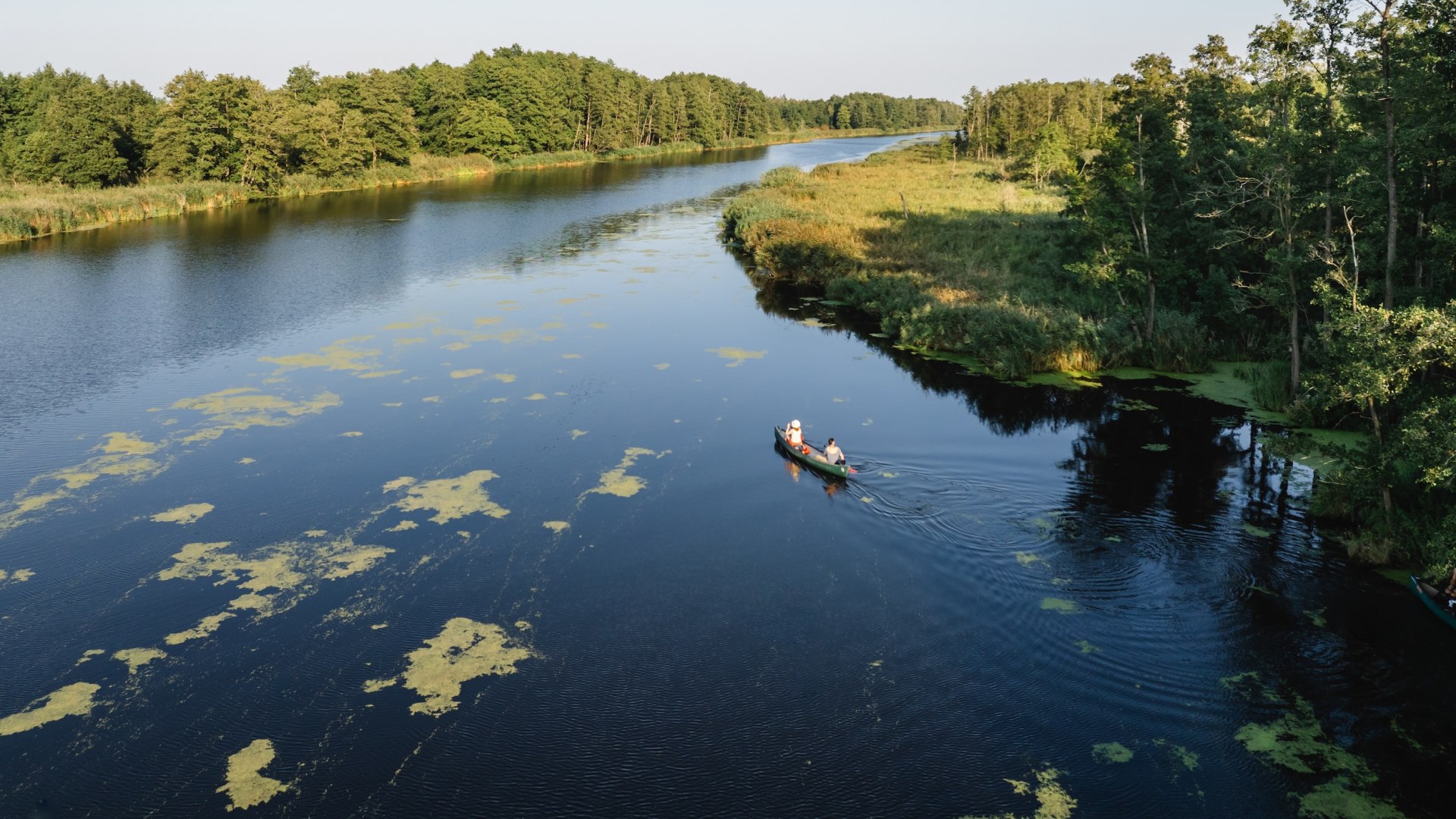 Aerial view of a canoe with two people on the Peene, flanked by a green river landscape.