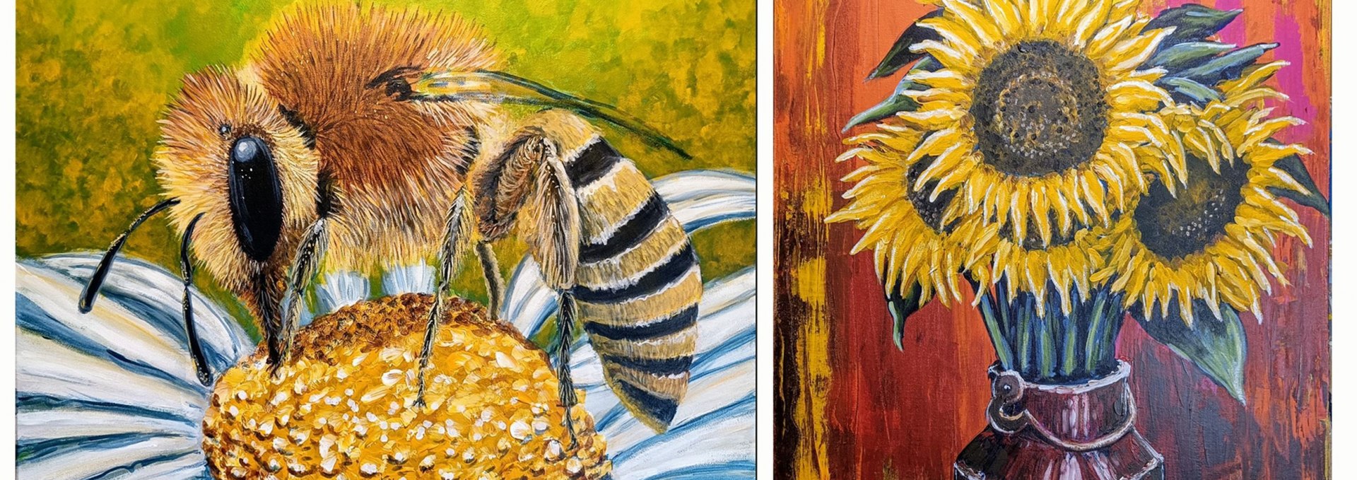 Two hand-painted acrylic paintings on canvas, "Nectar-seeking honeybee" and "Sunflower in a milk can", © René Perkuhn