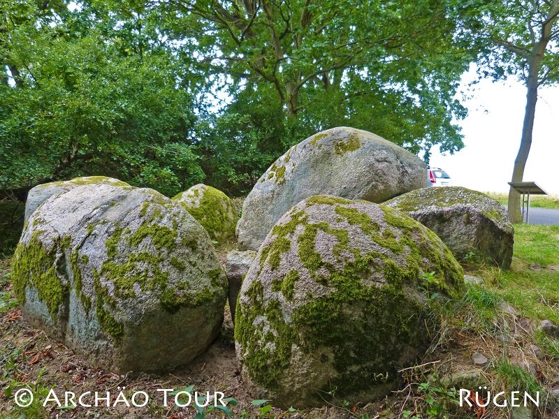 View of some stones of the large stone grave "Goldbusch" with information board, © Archäo Tour Rügen