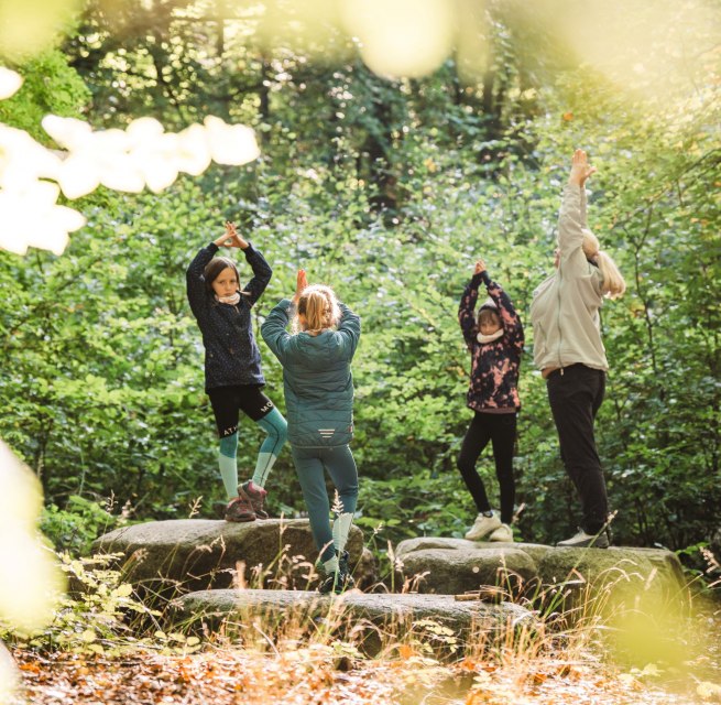 A group of children and an adult practicing yoga in the forest, standing on large stones surrounded by green foliage.