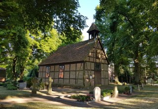 Rectangular half-timbered church in the center of the village Alt Damerow in the immediate vicinity of the open-air museum Pingelhof., © Copyright Foto: Lewitz e.V.