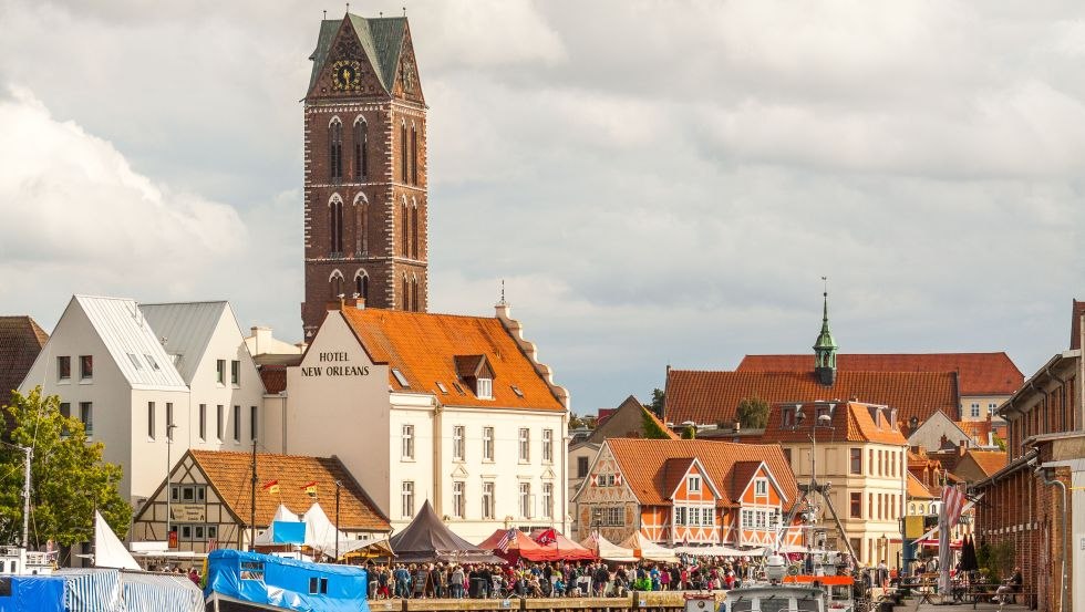 Only the 80 m high church tower has been preserved as a landmark and sea mark visible from afar, © TZ Wismar/Alexander Rudolph