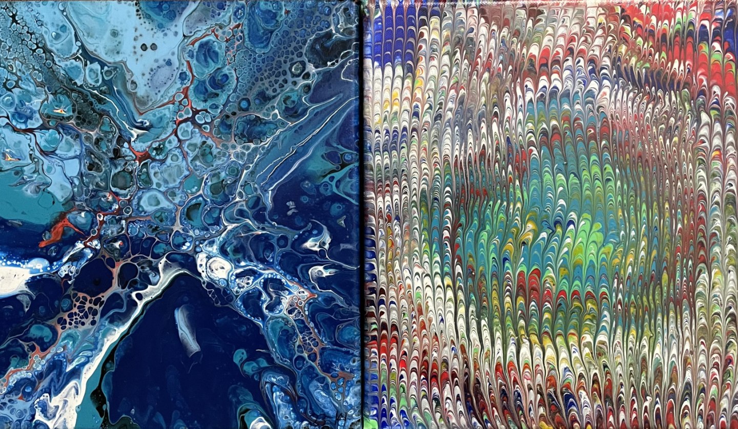 Image 1: Combination of dirty pour and swipe technique, image 2: Combination of swirl and stir stick technique, © Wolgang Hube