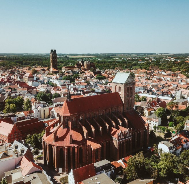 Aerial view of the Hanseatic city of Wismar with St. Nicholas Church.