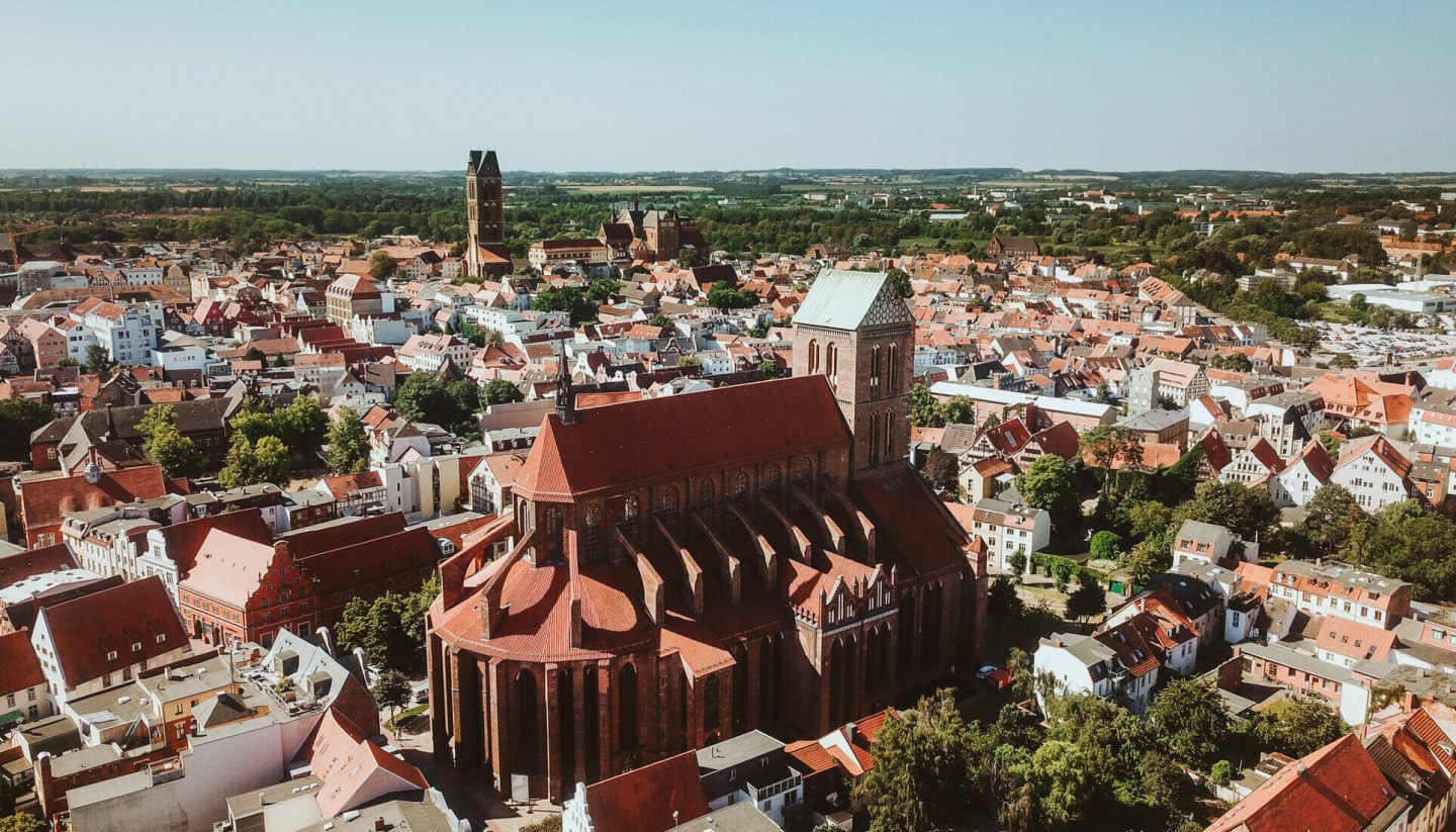 Aerial view of the Hanseatic city of Wismar with St. Nicholas Church.