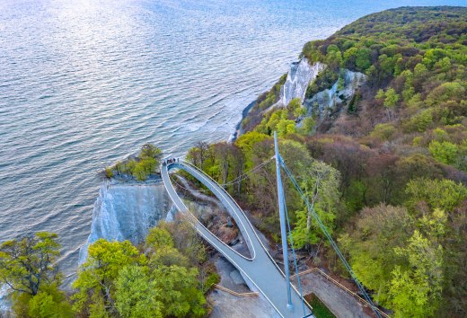 The Skywalk in the Königsstuhl National Park Centre with a view over the chalk cliffs and the Baltic Sea on the island of Rügen.