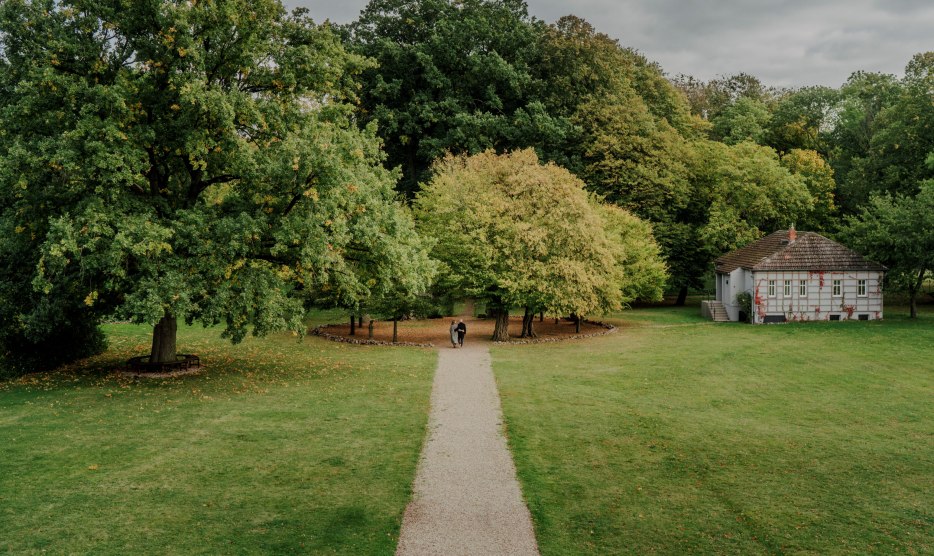 An idyllic walk through the park of the Romantik Hotel Gutshaus Ludorf: surrounded by old trees and green meadows, nature invites you to relax and unwind.